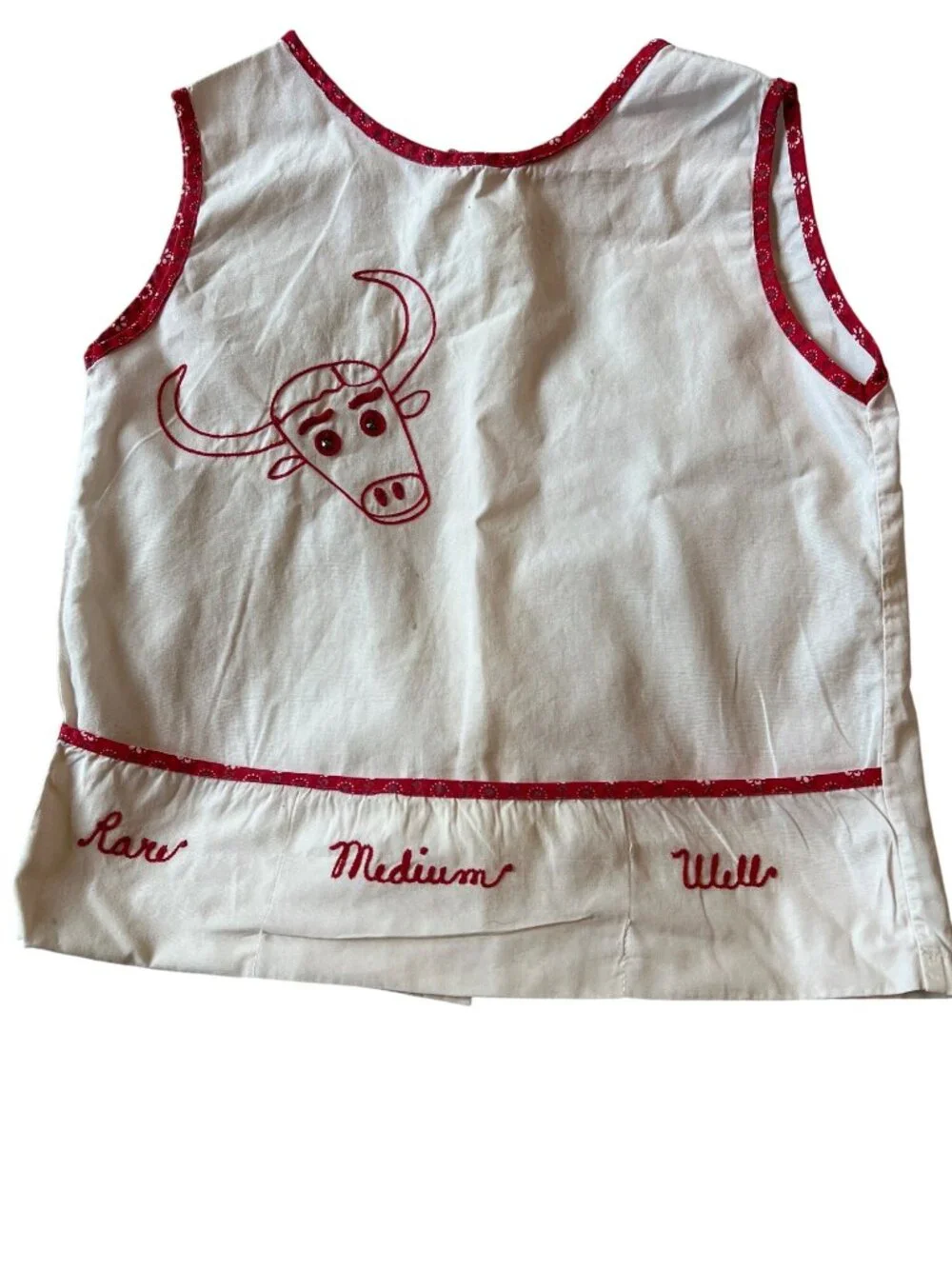 Vintage 60's Childs Shirt  With Bull Embroidery Red Trim White Cotton Strange